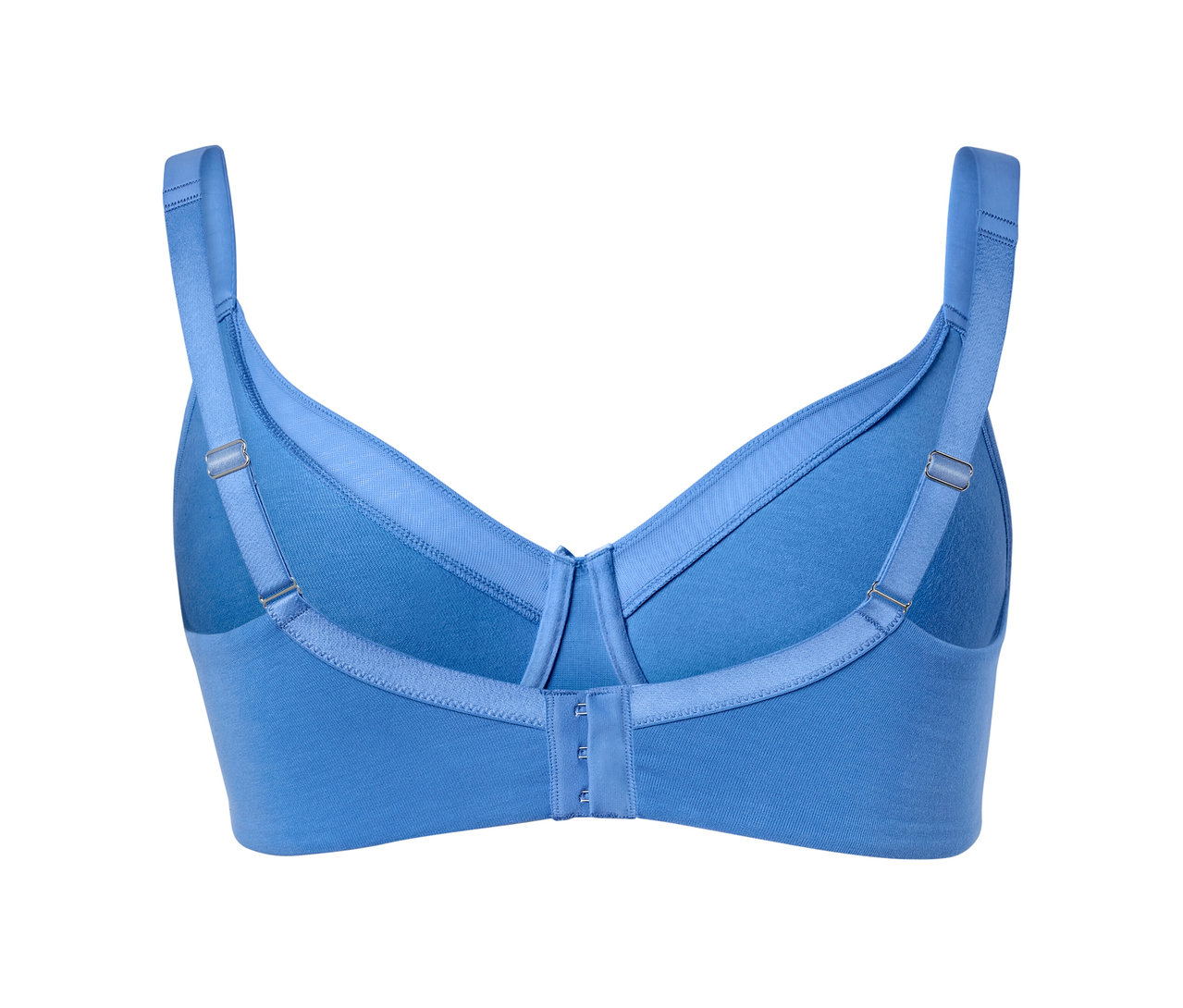 Detailansicht der Rückseite eines blauen Minimizer-BHs.