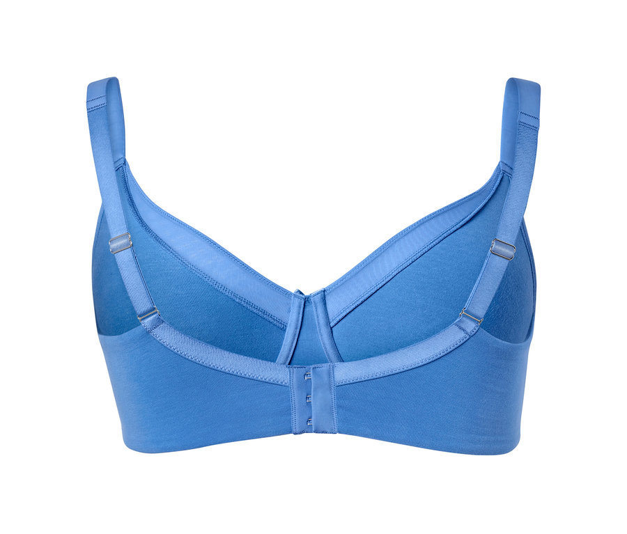 Detailansicht der Rückseite eines blauen Minimizer-BHs.