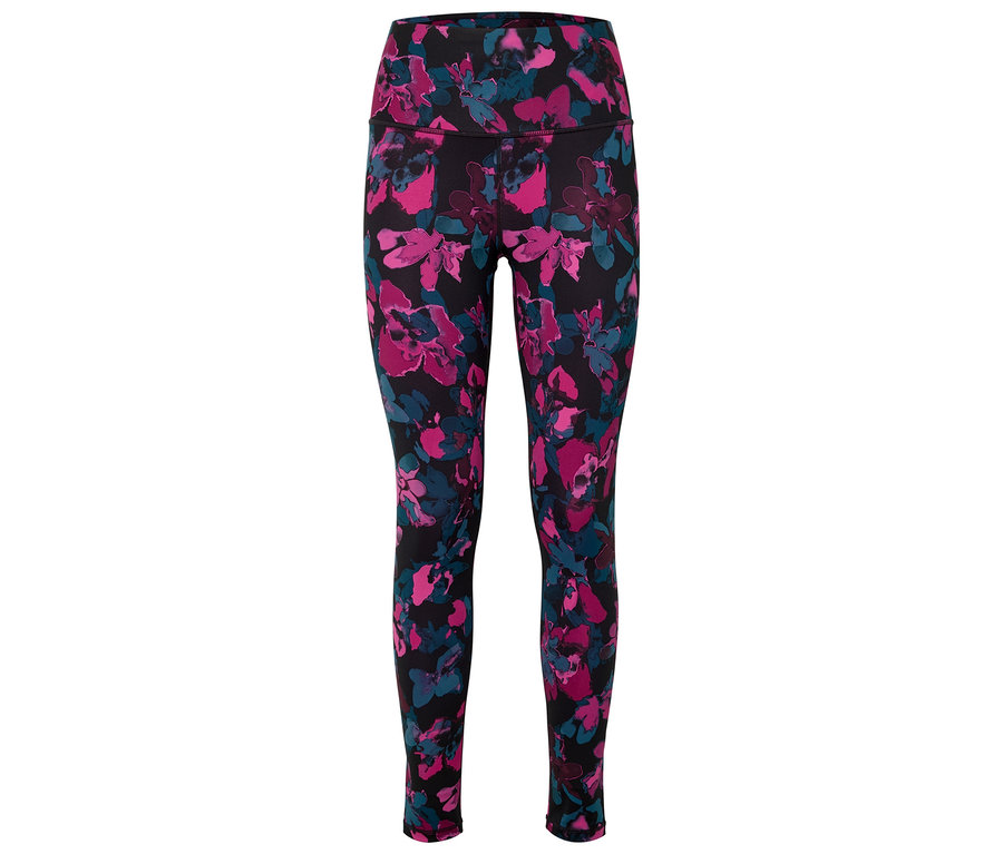 Leggings mit Blumenmuster auf schwarzem Grund.