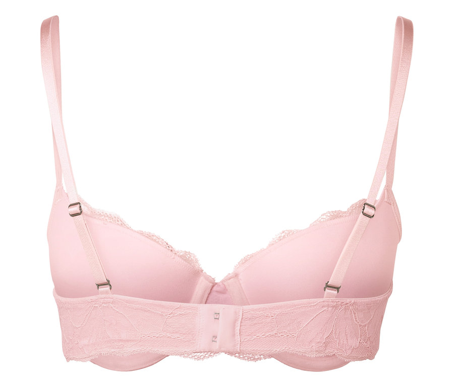Detailaufnahme eines rosa Spitzen-BHs mit verstellbaren Trägern.