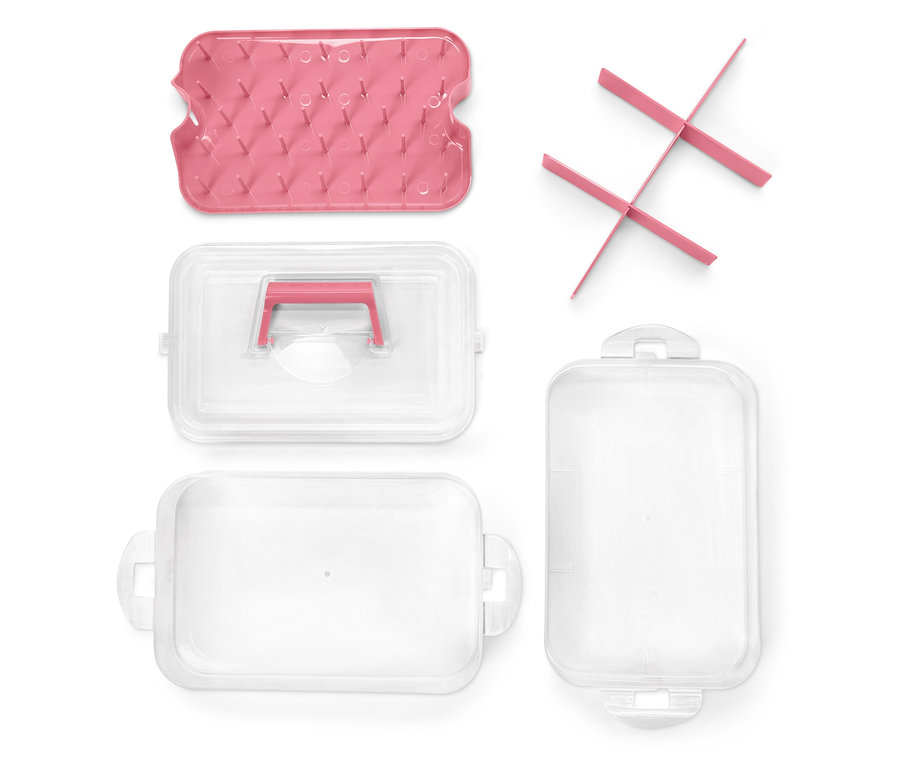 Eine zerlegte Utensilienbox aus Kunststoff.