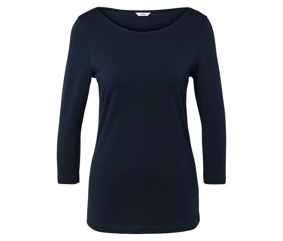 Marineblaues Langarmshirt mit Rundhalsausschnitt auf weißem Hintergrund.