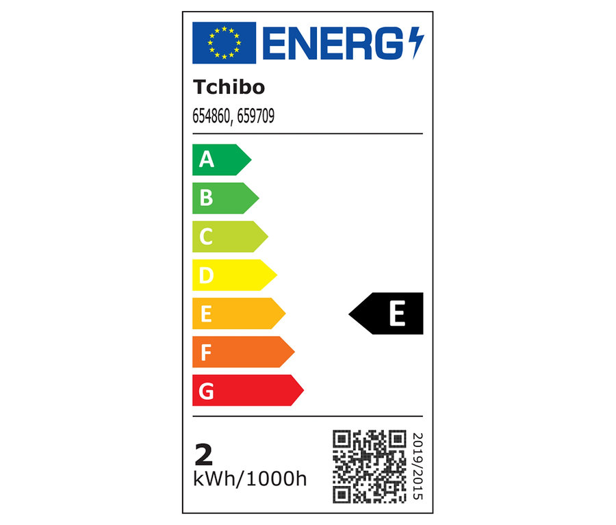 Tchibo Energielabel der Klasse E mit Verbrauchsangabe 2 kWh/1000h.