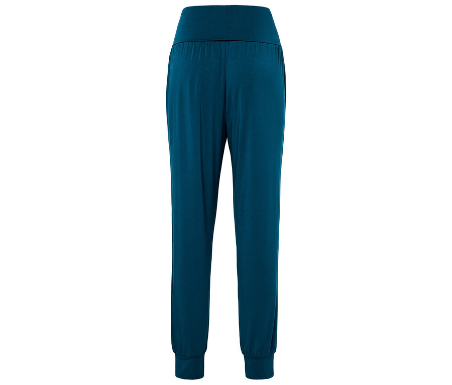 Rückansicht einer dunkelblauen Jogginghose mit elastischem Bund und Bündchen.