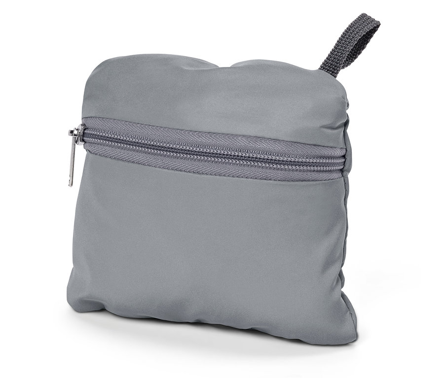 Grauer Beutel mit Reißverschluss und Schlaufe.