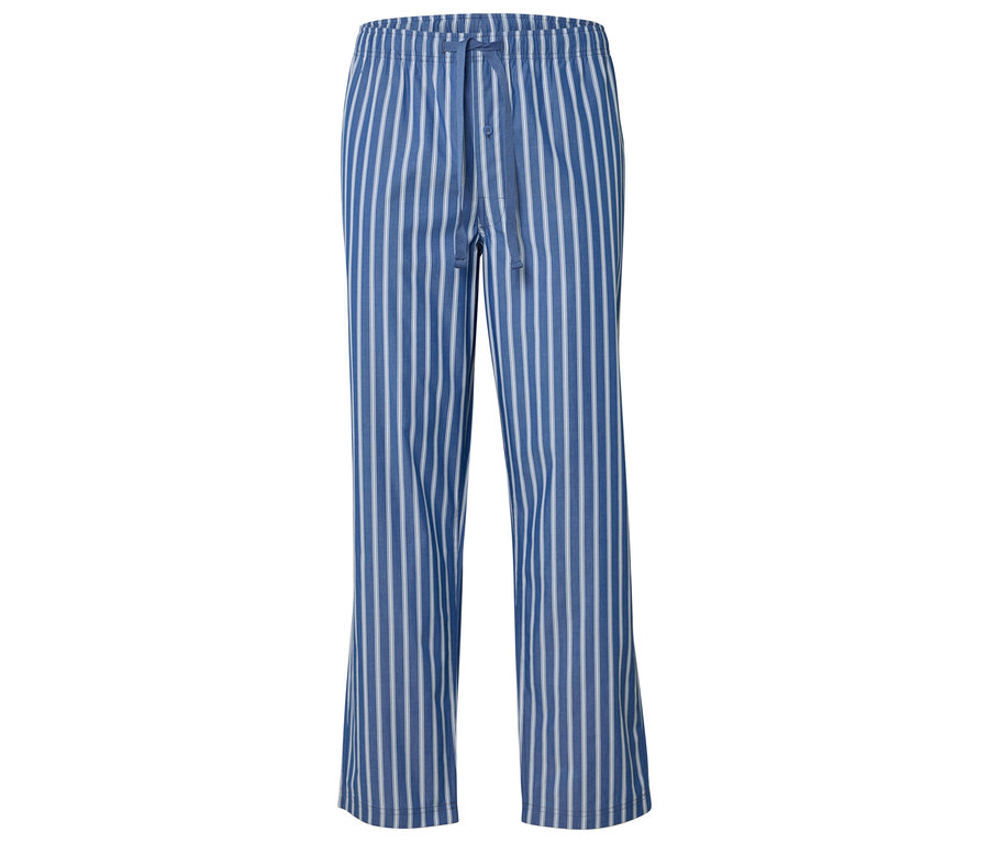 Eine lange, blau-weiß gestreifte Pyjamahose mit Kordelzug.