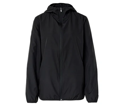 Schwarze Kapuzenjacke mit durchgehendem Reißverschluss vorne.