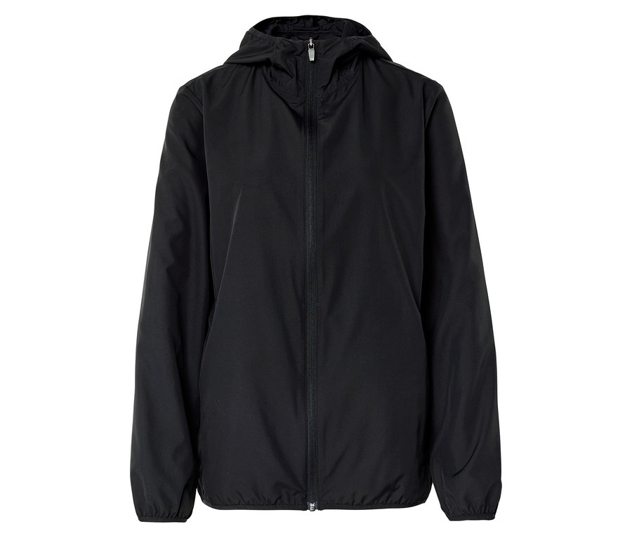 Schwarze Kapuzenjacke mit durchgehendem Reißverschluss vorne.