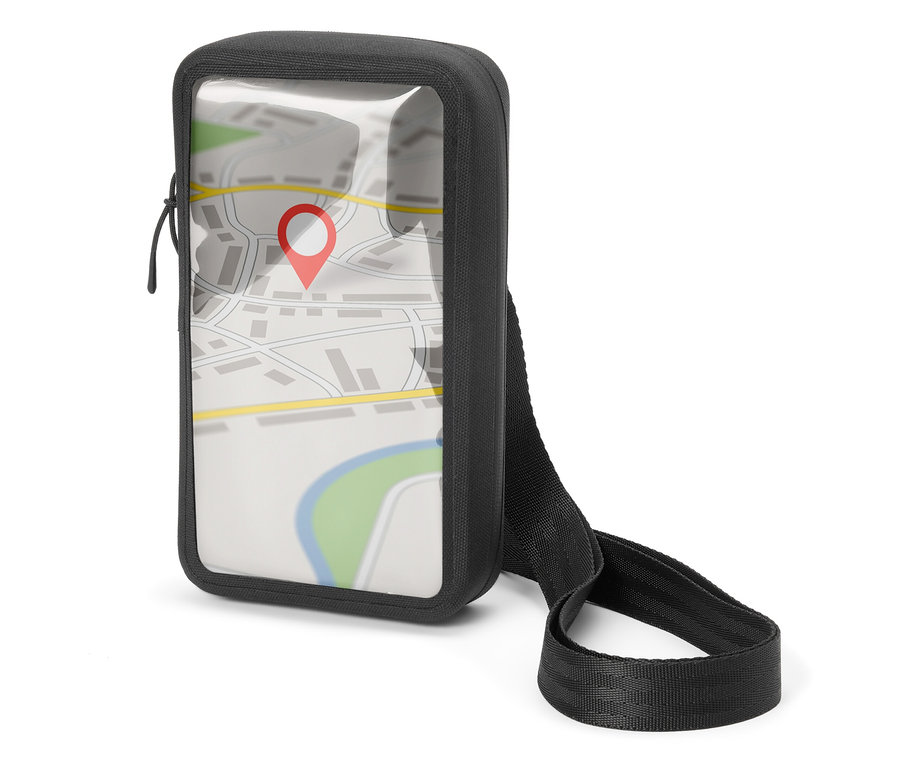 Schwarze Handytasche mit transparentem Fenster, in dem eine Karte mit einer roten Stecknadel zu sehen ist.