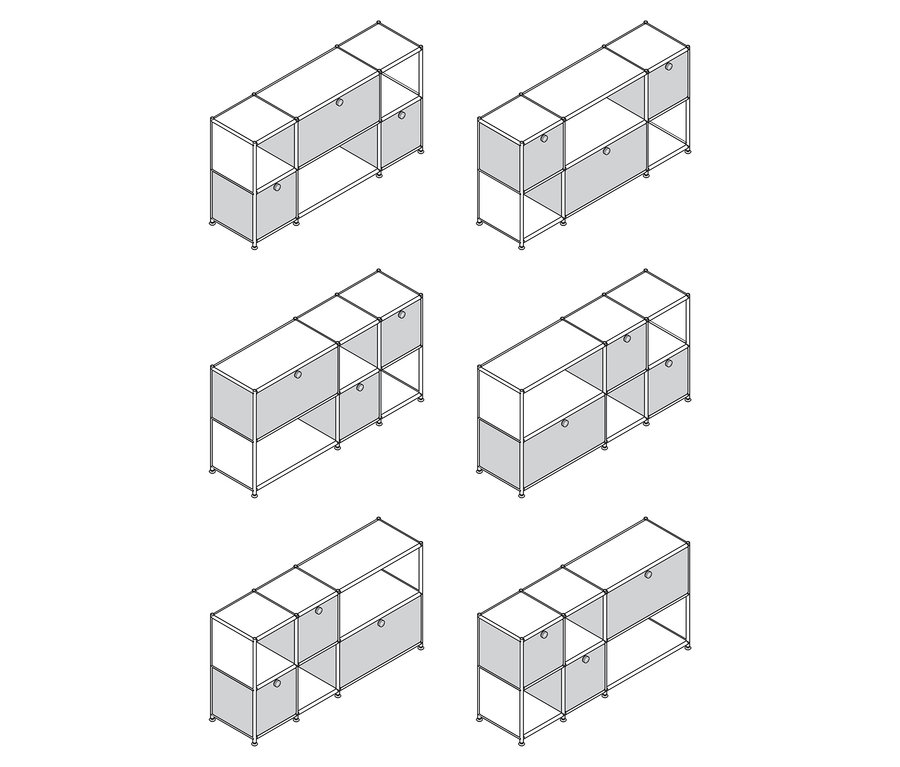 Sechs perspektivische Darstellungen von modularen Regalsystemen mit offenen und geschlossenen Fächern.