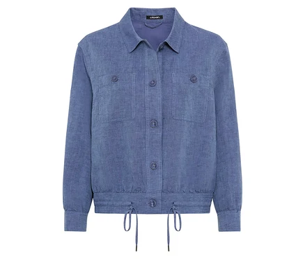 Blaue Olsen Jacke mit Knöpfen und Kordelzug.