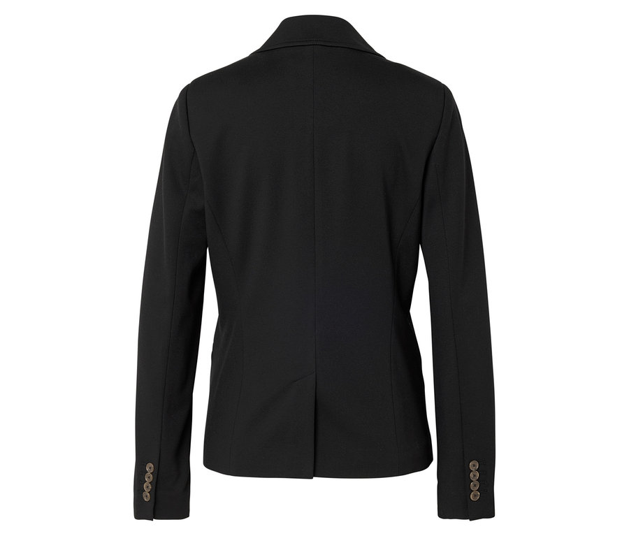 Rückansicht eines schwarzen Blazers mit Knöpfen an den Ärmeln.