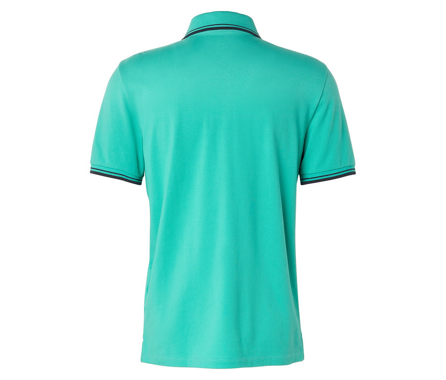 Rückansicht eines türkisfarbenen Poloshirts mit dunklen Bündchen.