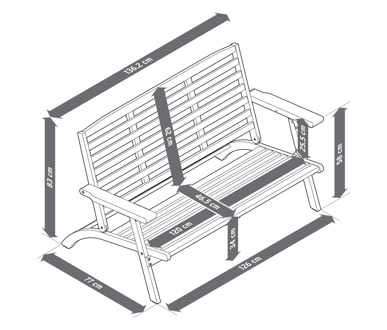 Draufsicht der Maße des zusammenklappbaren 4-teiligen Garten-Lounge-Sets mit Premium-Kissen.