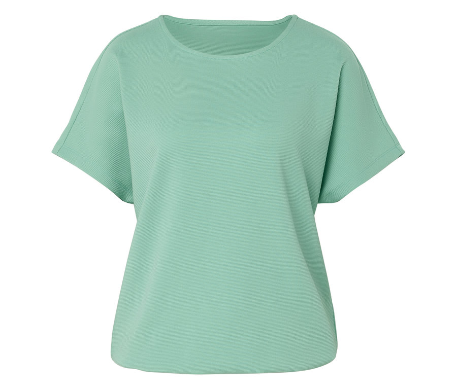 Ein hellgrünes, kurzärmeliges T-Shirt mit Rundhalsausschnitt liegt flach.