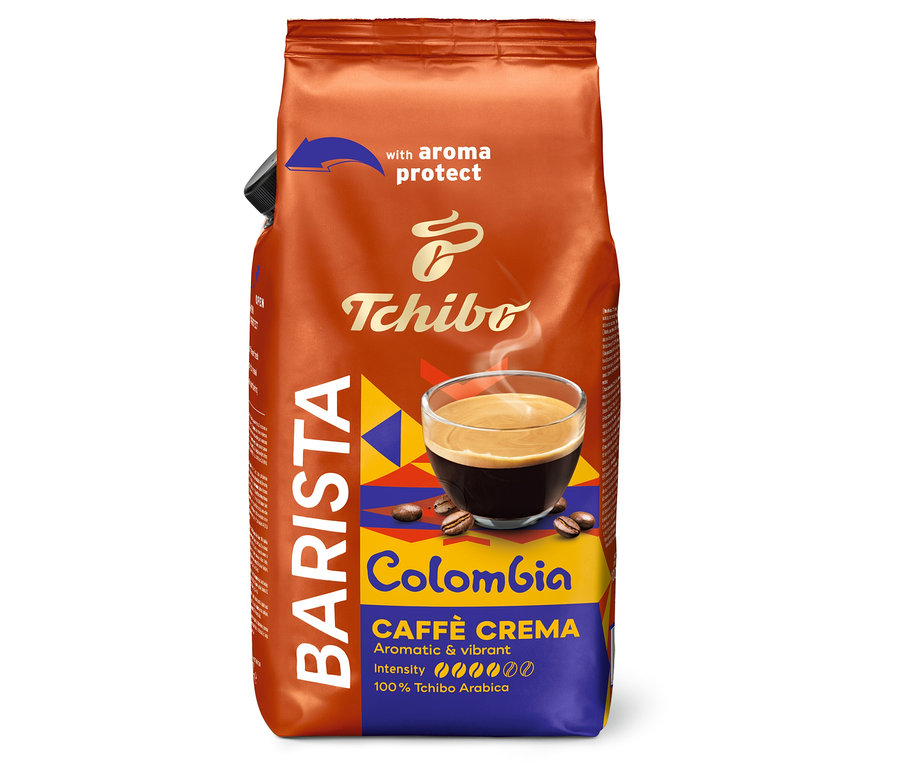 Eine 1 kg Packung BARISTA Origins Colombia Ganze Bohne Kaffeebohnen ist aufrecht dargestellt.