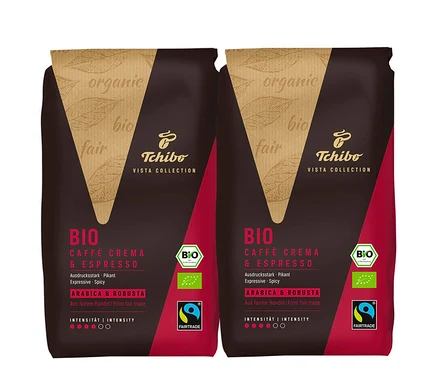 Zwei Packungen Tchibo Vista Collection Bio Caffè Crema & Espresso nebeneinander.