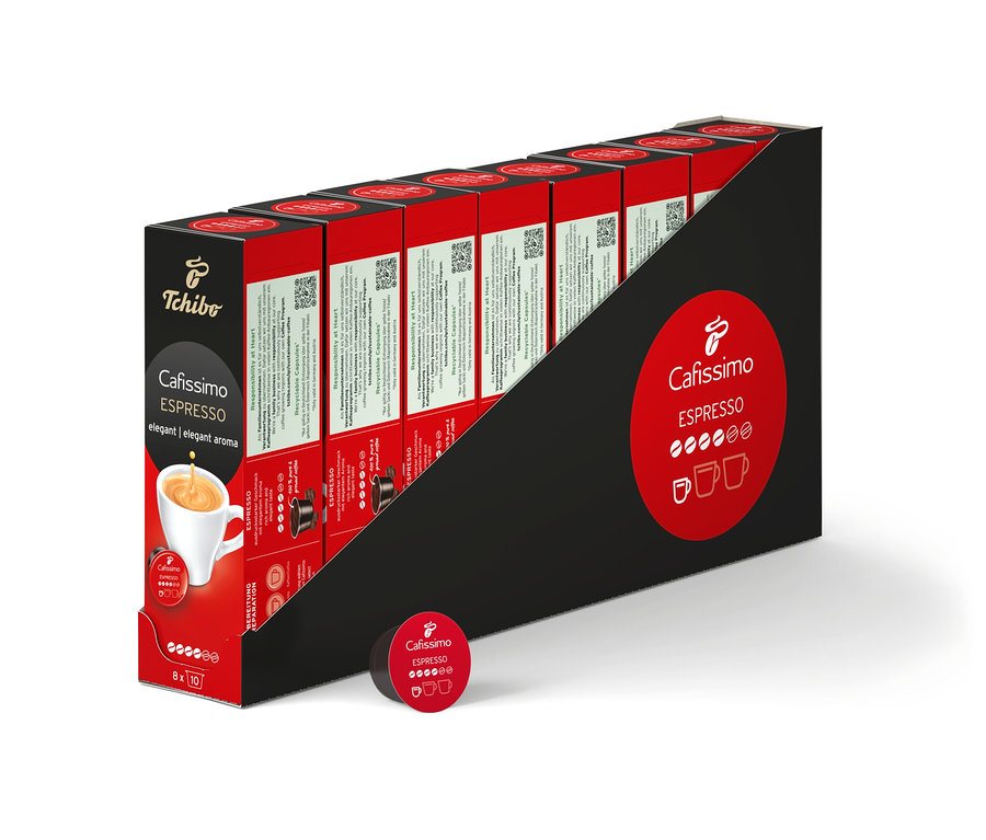 Eine Packung Cafissimo Espresso elegant Kapseln. Die Packung ist rot und schwarz und enthält 80 Kapseln.