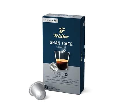 Eine Packung Gran Café Ristretto - 10 Kapseln von Tchibo. Auf der Packung ist eine Tasse Ristretto abgebildet.