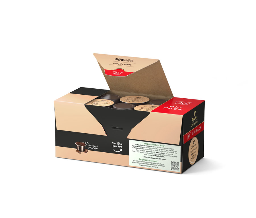 Geöffnete Packung Cafissimo Decaffeinato - entkoffeiniert mit 30 Kapseln.