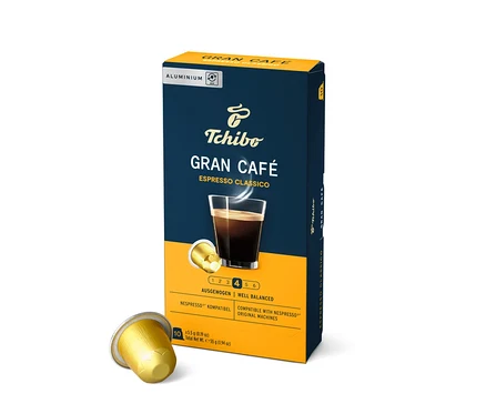 Packung Gran Café Espresso Classico - 10 Kapseln mit einer Kapsel daneben.