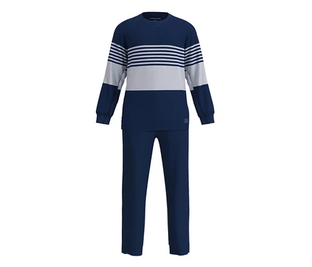 Dunkelblauer Pyjama mit langärmeligem Oberteil und langer Hose. Das Oberteil hat einen hellgrau gestreiften Brustbereich.