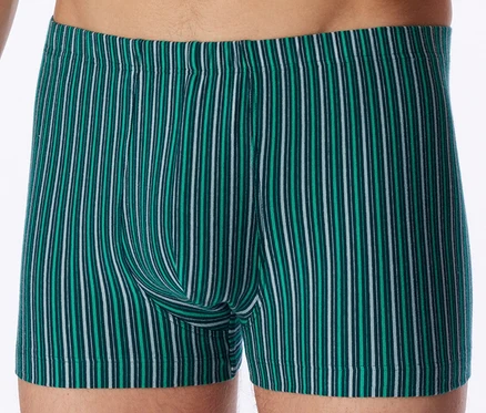 Eine Person trägt vertikal gestreifte Boxershorts in Grün- und Weißtönen, sichtbar von der Taille bis zu den Oberschenkeln.