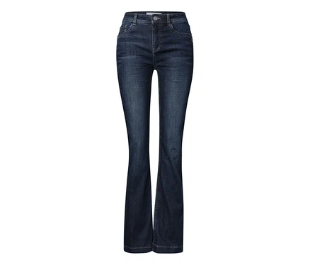 Dunkelblaue Street One Bootcut Jeans mit Knopf- und Reißverschluss, Gürtelschlaufen und ausgestelltem Bein.