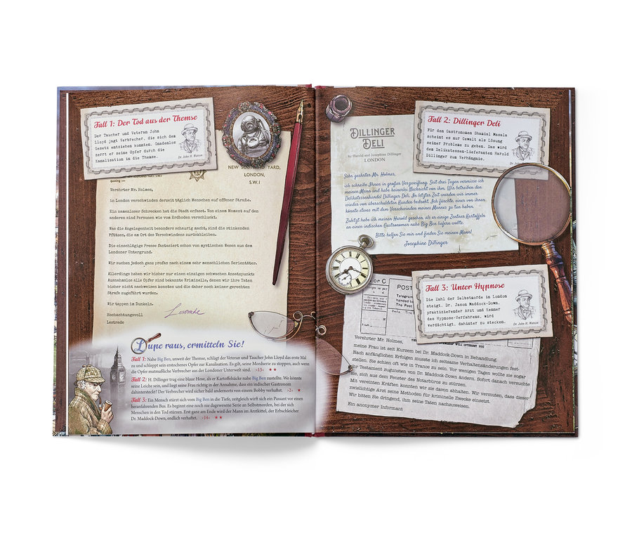 Aufgeschlagenes Buch mit Illustrationen und Text im Detektiv-Stil, mit dem Buch "Micro Crimes – das Krimi-Suchbuch".