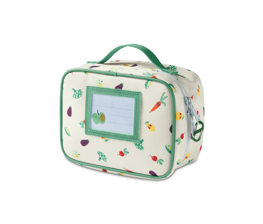 Medikamententasche mit Kindersicherung und Gemüse-Muster.