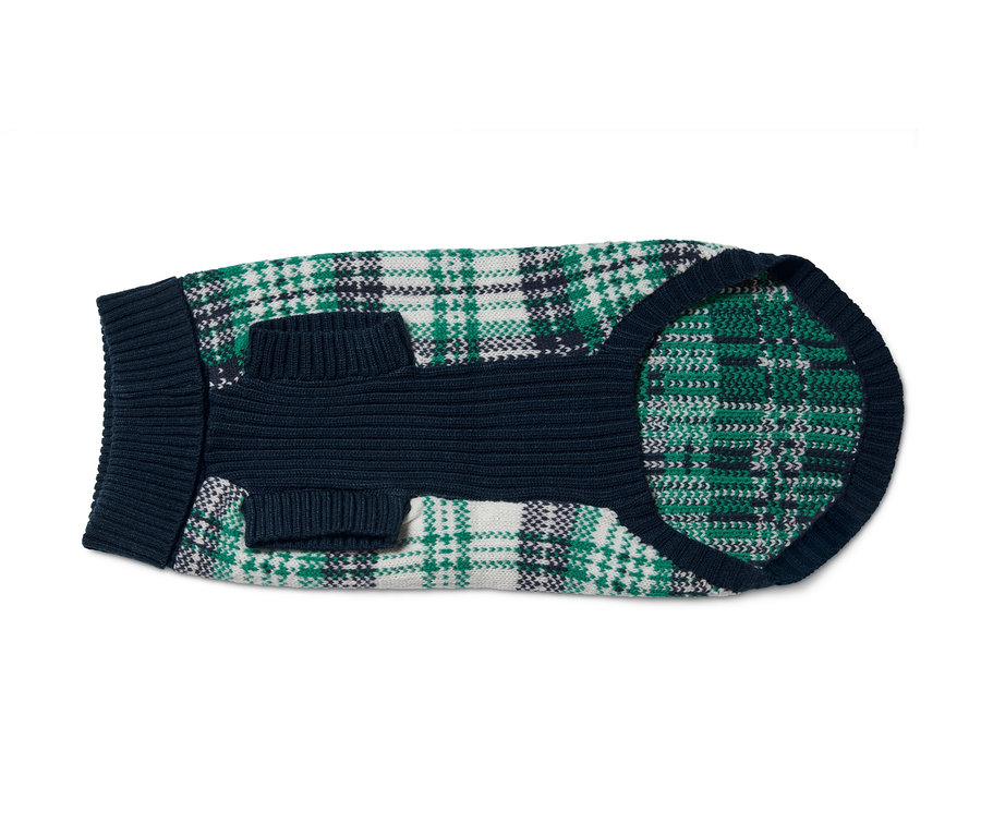 Hunde-Pullover mit grün, weiss und dunkelblau kariertem Muster.
