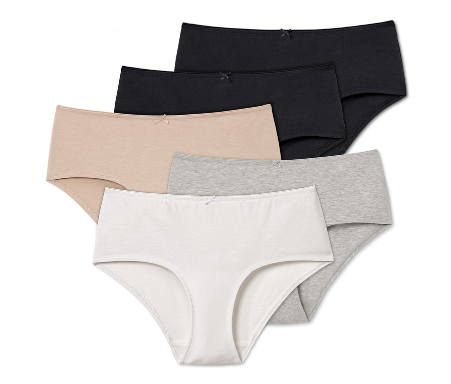 Fünf Pantys in Schwarz, Beige, Grau und Weiss.