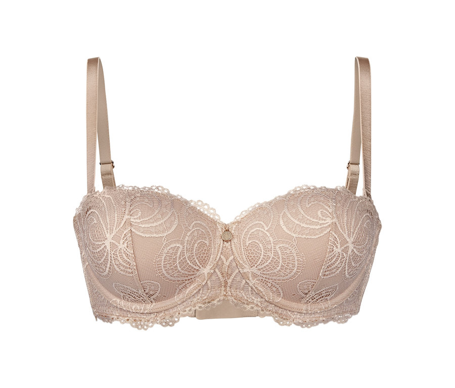Ein beiger Multistyle-BH mit Spitze auf einem weißen Hintergrund.