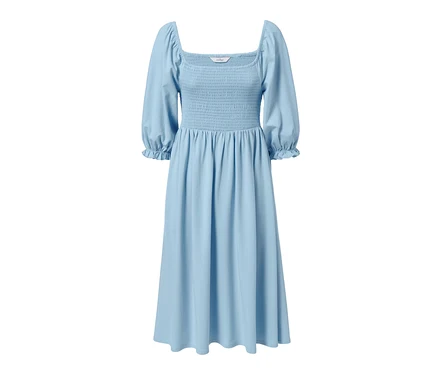 Hellblaues Jerseykleid mit Puffärmeln.
