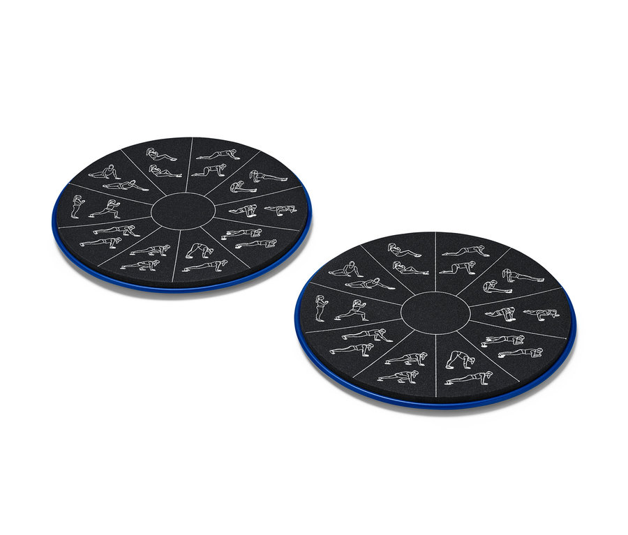 Zwei schwarze 2 Slider Pads mit blauem Rand und weißen Übungsdarstellungen.