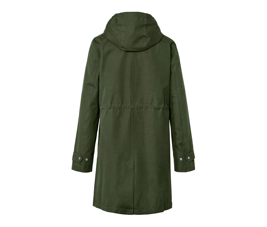 Rückansicht einer grünen Parka mit Kapuze.