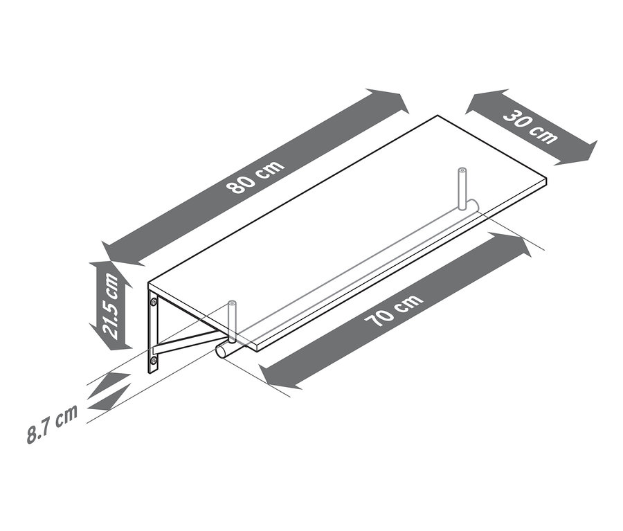 Eine schematische Darstellung einer Wandgarderobe mit Abmessungen.