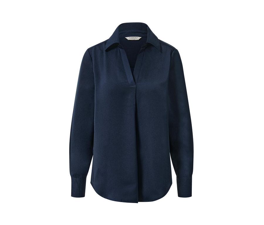 Marineblaue Satin-Bluse mit langen Ärmeln.