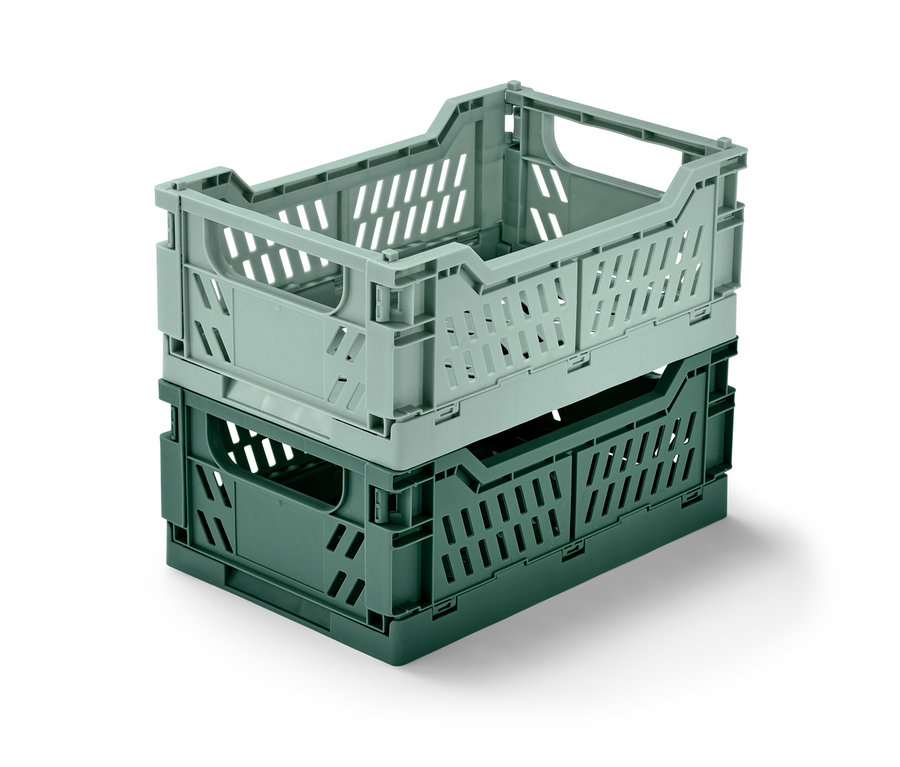 Zwei klappbare Ordnungskisten sind übereinander gestapelt.