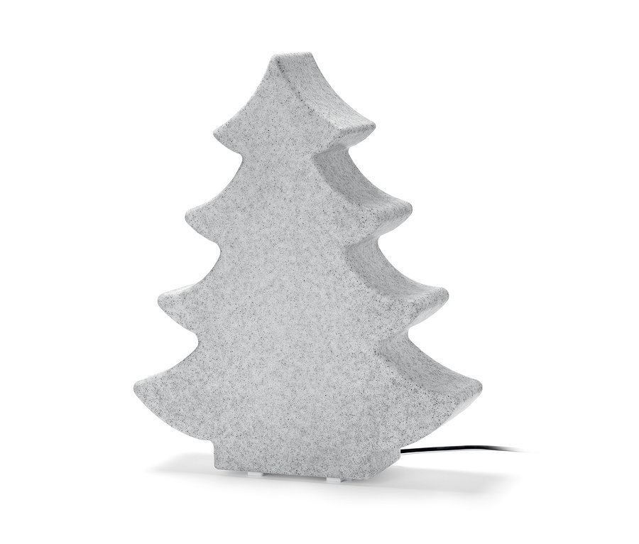 Eine graue Smart-LED-Outdoorleuchte "Tanne" in Form eines Weihnachtsbaums.