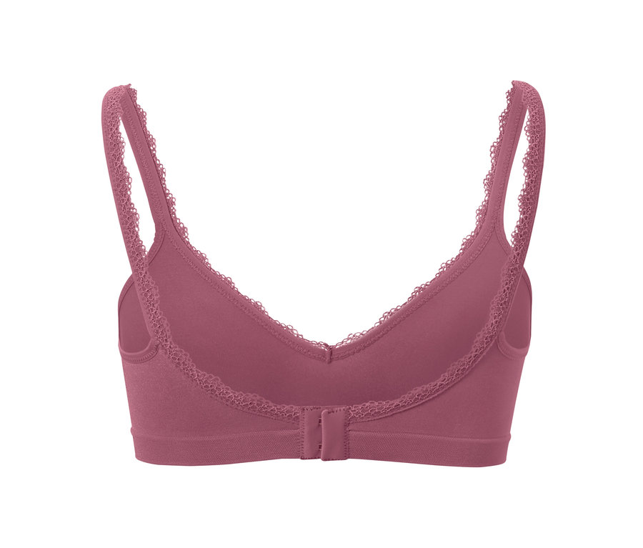 Detailansicht der Rückseite eines beerenfarbenen Seamless-Soft-BHs mit Spitzenbesatz.