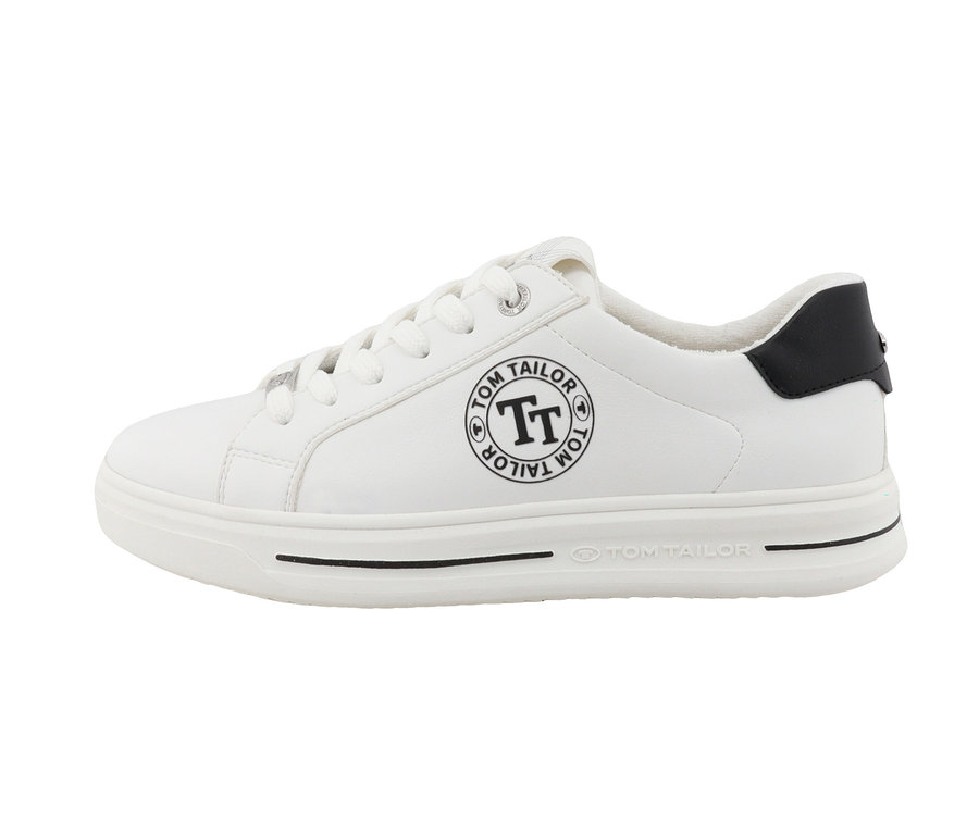Detailansicht eines weißen und schwarzen Tom Tailor Sneakers aus PU.
