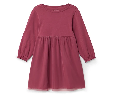Kinder-Jerseykleid in Rot mit langen Ärmeln, ausgestellt.