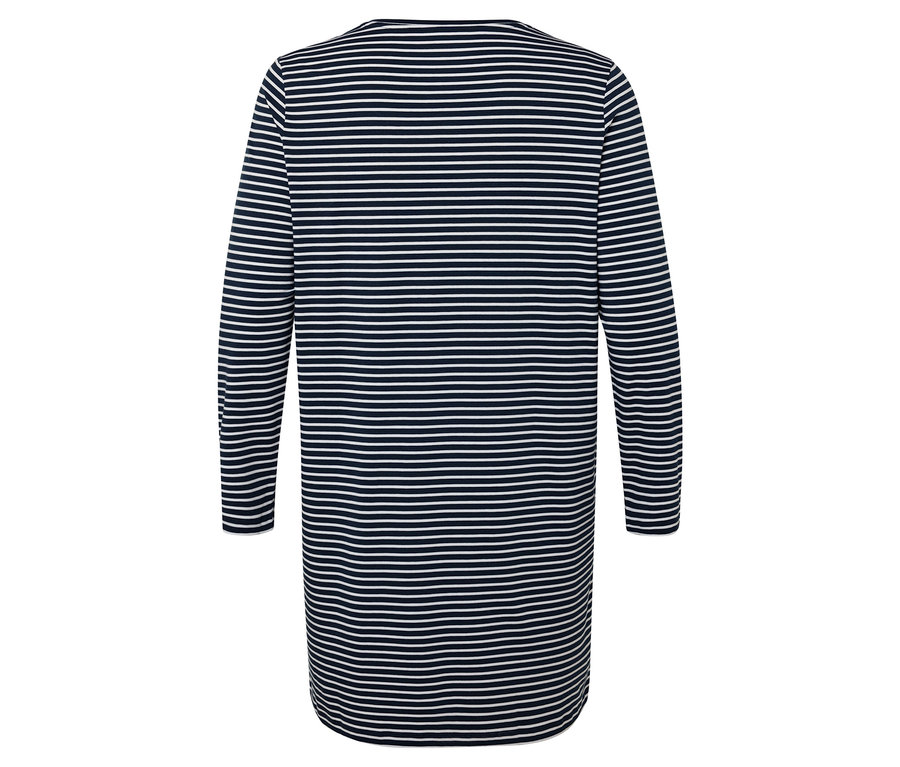 Ein langärmliges, dunkelblau-weiß gestreiftes Shirt, von hinten fotografiert.