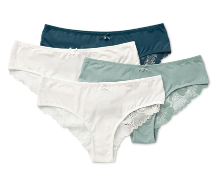 Vier Damenslips in verschiedenen Farben (weiß, grün und blau) mit Spitze.
