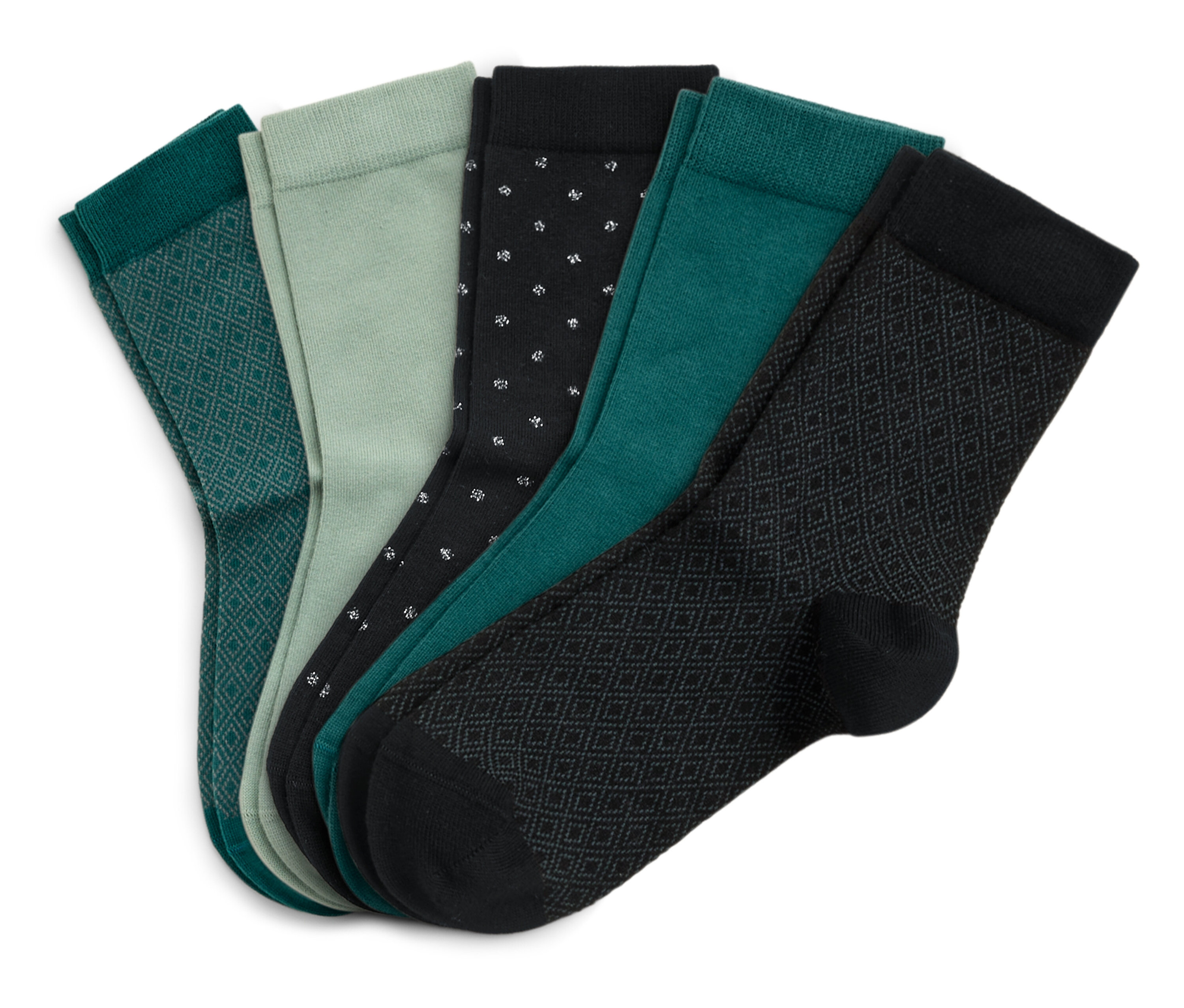Fünf paar Socken in verschiedenen Farben und Mustern liegen nebeneinander.