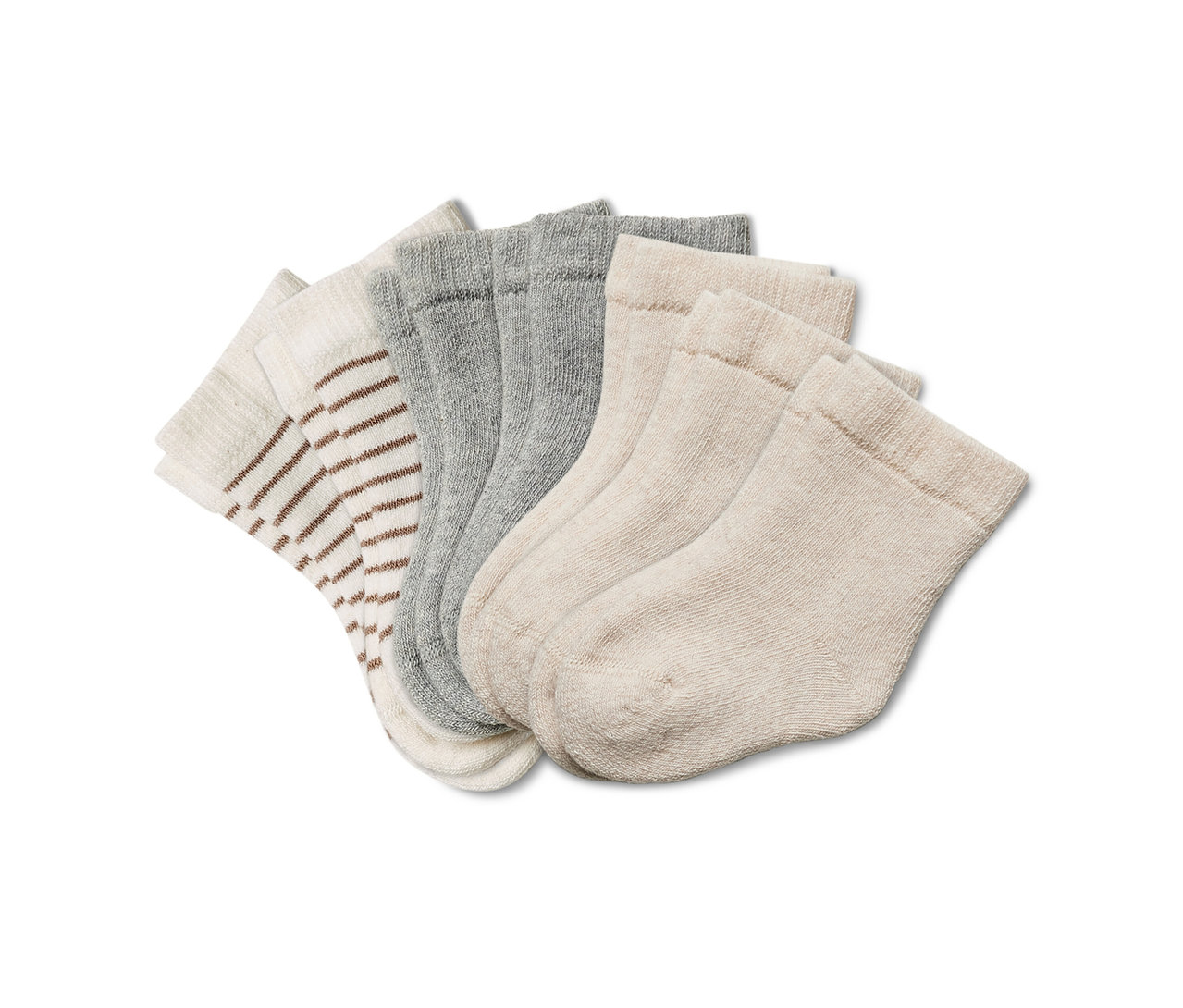 Detailansicht von sieben Paar Baby-Frottier-Socken in verschiedenen Farben.