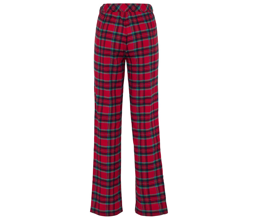 Rote karierte Hose.