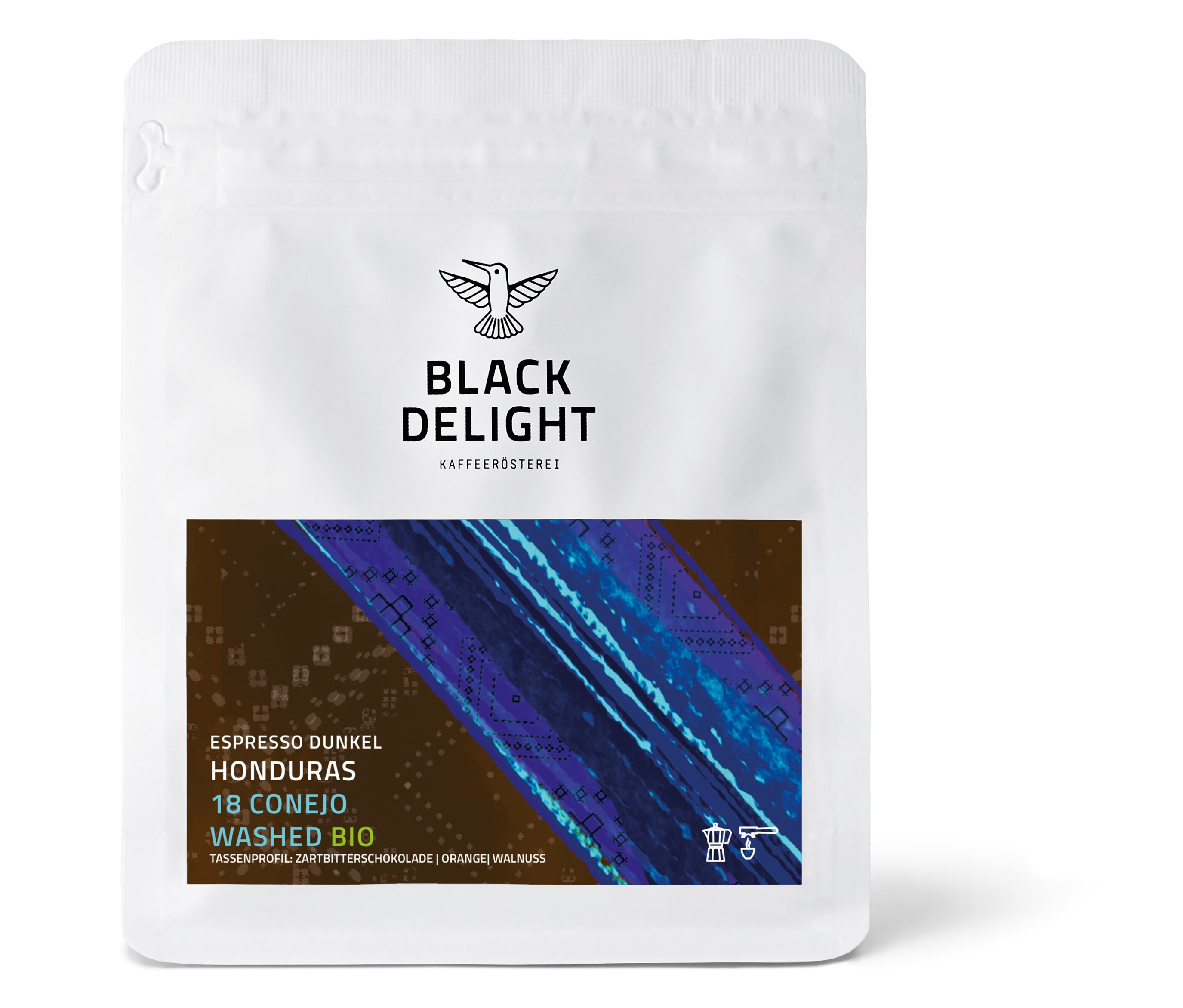 Eine Packung Black Delight - Honduras 18 Conejo Dunkel Bio Espresso.