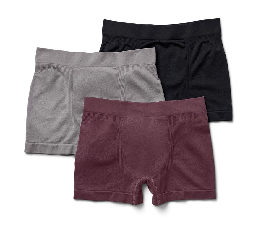 Drei Seamless-Slipboxer in Burgunderrot, Grau und Schwarz.